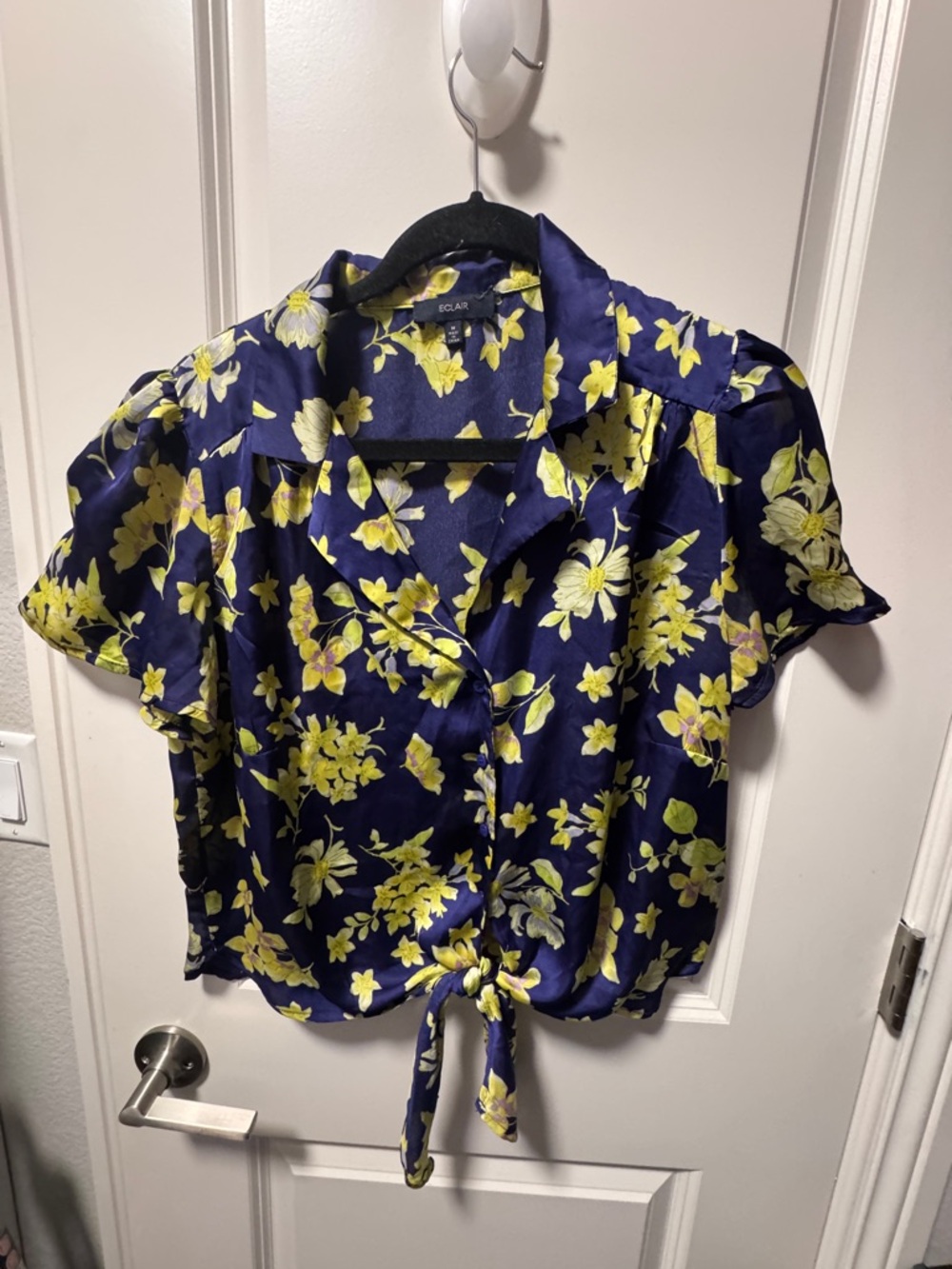 Women's Floral Tie-Front Shirt - Navy & Yellow